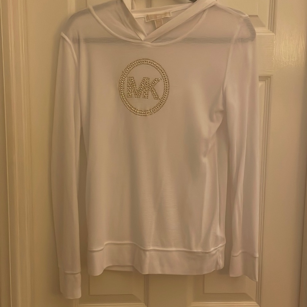 White Michael Kors light weight hoodie with gold studded logo. Size M  NWOT